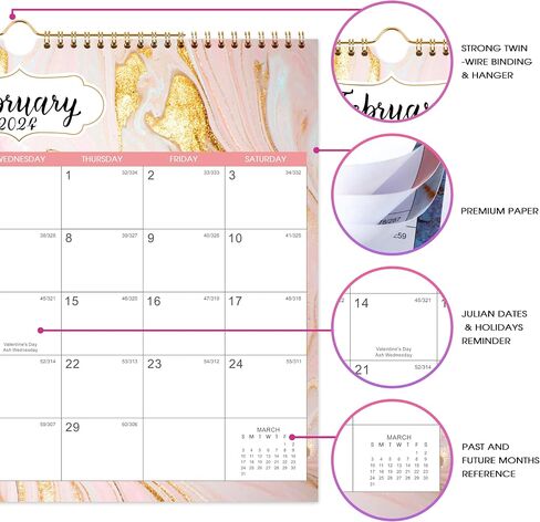2024 Wall Calendar - 12 Months Calendar from Jan. 2024 - Dec 2024, 14.8" x 11.6", Large Blank Blocks with Julian Dates, Strong Twin-Wire Binding, Premium Wall Calendar for Organizing in Saudi Arabia