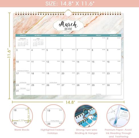 2024 Wall Calendar - 12 Months Calendar from Jan. 2024 - Dec 2024, 14.8" x 11.6", Large Blank Blocks with Julian Dates, Strong Twin-Wire Binding, Premium Wall Calendar for Organizing in Saudi Arabia