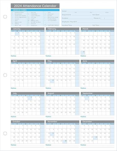 Blue Summit Supplies 50 Sheet Attendance Calendar, Employee 2024 Attendance Sheets for 3 Hole Binder, Convenient Tracker for Employee Attendance Record, Time Off, and Tardiness, 50 Pack in Saudi Arabia
