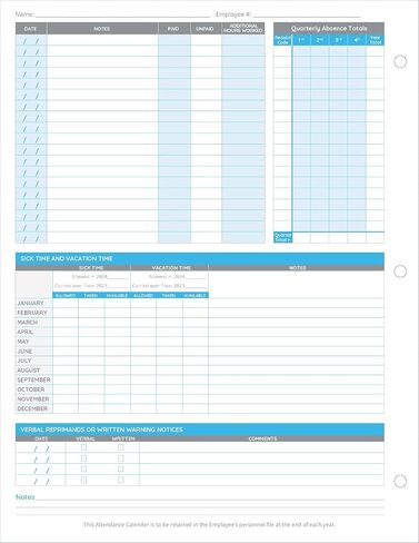 Blue Summit Supplies 50 Sheet Attendance Calendar, Employee 2024 Attendance Sheets for 3 Hole Binder, Convenient Tracker for Employee Attendance Record, Time Off, and Tardiness, 50 Pack in Saudi Arabia