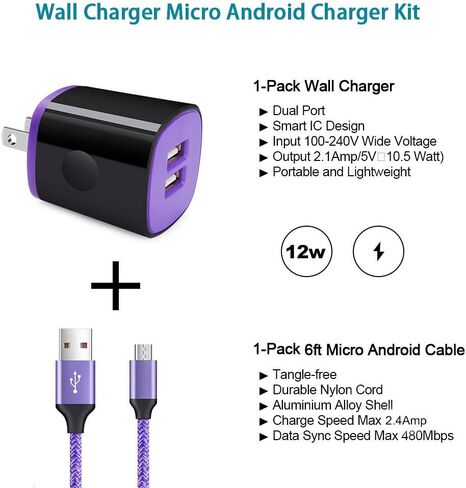 Charger Plug Micro USB Cable Compatible for Samsung Galaxy S7 S6 J7 J7V J3 J3V J8 J5 A6 A10 Note 5 4,LG K50 K40 K30 K20 V10,Moto E6 E5 G4 G5,Tablet,Wall Charging Block Fast Charging Android Phone Cord in Saudi Arabia
