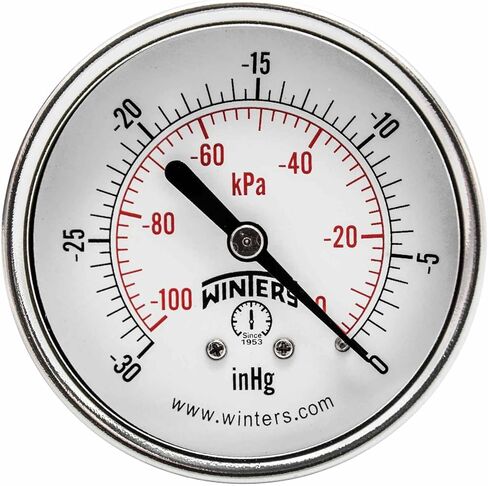 Winters 2-1/2 inch Dial Size, Multi Function Economy Utility Dry Pressure Gauge, Brass Internals, Steel Case, Dual Scale 30 inch Hg-0 Vac/kPa, 3-2-3% Acc, 1/4" NPT Back Mount, Vacuum Pressure Gauge in Saudi Arabia