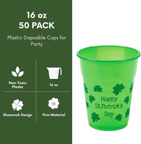 4E's Novelty 50 Pack St Patricks Day Party Cups Disposable Plastic 16 Oz Bulk Green Cups for Saint Pattys Day Party Supplies for Kids Adults Decorations in Saudi Arabia