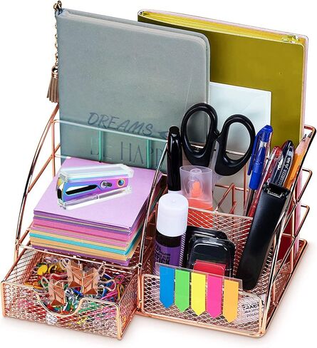 Gold Desk Organizer, All in One Desktop Organizer with Pen Holder, Pencil Holder and Paper Organizer, Cute Mesh Desk Accessories with Drawer for Home Office Supplies Organizer & Decor in Saudi Arabia