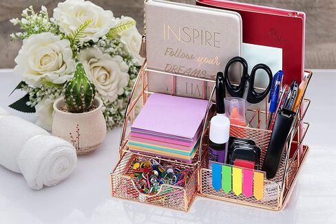 Gold Desk Organizer, All in One Desktop Organizer with Pen Holder, Pencil Holder and Paper Organizer, Cute Mesh Desk Accessories with Drawer for Home Office Supplies Organizer & Decor in Saudi Arabia
