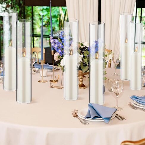 6 Sets Open Ended Hurricane Candleholders with Pillar Candles Hurricane Candle Holder Sleeve Bottomless Glass Candle Shade Cylinder Clear Chimney Tube for Home (2.5 x 14 Inches) in Saudi Arabia