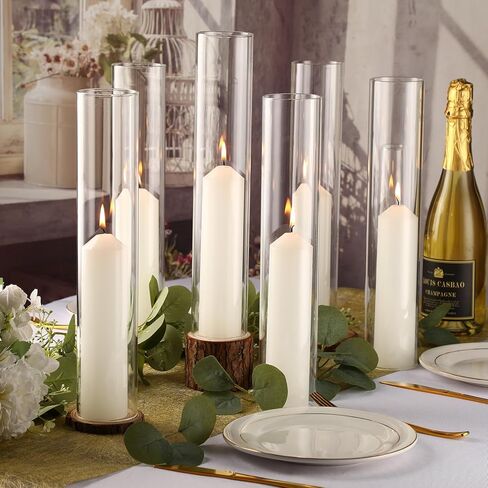 6 Sets Open Ended Hurricane Candleholders with Pillar Candles Hurricane Candle Holder Sleeve Bottomless Glass Candle Shade Cylinder Clear Chimney Tube for Home (2.5 x 14 Inches) in Saudi Arabia
