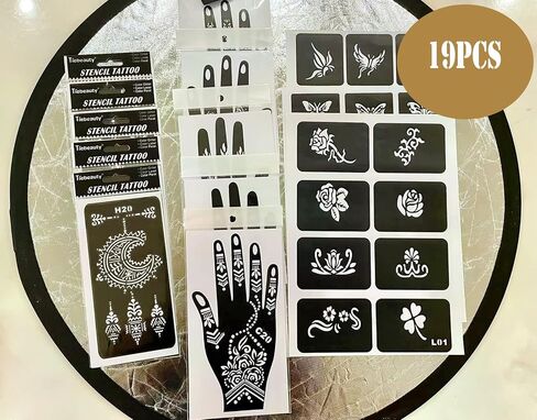 مجموعة استنسل الوشم المؤقت - 19 ورقة استنسل فراشة وزهرة وحناء لطلاء جسم اليدين واللمعان وفرشاة البخاخة والأعمال اليدوية in Kuwait