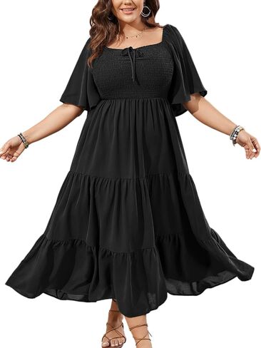 Women's Plus Size Flowy Maxi Dress Flutter Short Sleeve Boho Dress Square Neck Smocked Formal Dresses for Women in Kuwait