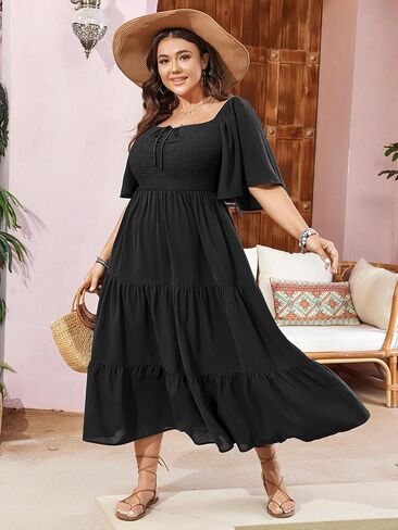 Women's Plus Size Flowy Maxi Dress Flutter Short Sleeve Boho Dress Square Neck Smocked Formal Dresses for Women in Kuwait