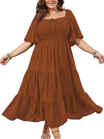 Women's Plus Size Flowy Maxi Dress Flutter Short Sleeve Boho Dress Square Neck Smocked Formal Dresses for Women in Kuwait