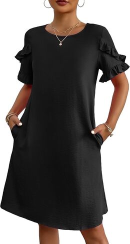 HOTOUCH Womens Summer Dress 2024 Short Sleeve A-Line Mini Dress Casual Crew Neck Shift Dress Beach Sundress with Pockets in Saudi Arabia