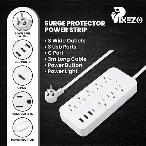 Surge Protector Power Strip with 8 AC Outlets and 3 USB Ports (1 USB C) with Power Button - 9.8 Feet Long Extension Cord, Wall Mount for Dorm Home Office Supplies, ETL Listed (White) in Saudi Arabia