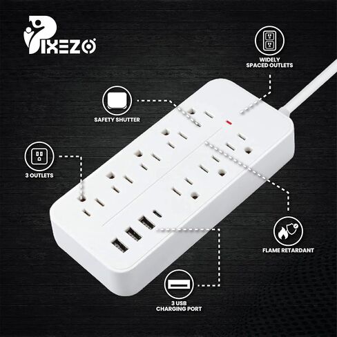 Surge Protector Power Strip with 8 AC Outlets and 3 USB Ports (1 USB C) with Power Button - 9.8 Feet Long Extension Cord, Wall Mount for Dorm Home Office Supplies, ETL Listed (White) in Saudi Arabia