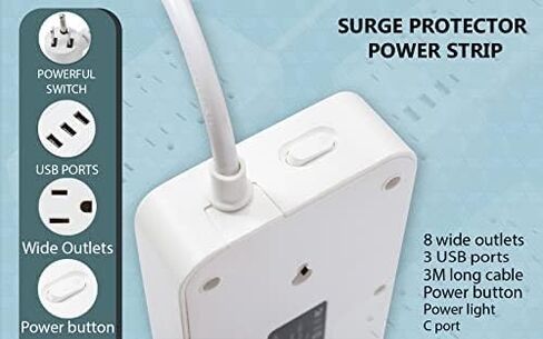 Surge Protector Power Strip with 8 AC Outlets and 3 USB Ports (1 USB C) with Power Button - 9.8 Feet Long Extension Cord, Wall Mount for Dorm Home Office Supplies, ETL Listed (White) in Saudi Arabia