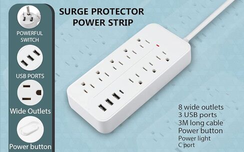 Surge Protector Power Strip with 8 AC Outlets and 3 USB Ports (1 USB C) with Power Button - 9.8 Feet Long Extension Cord, Wall Mount for Dorm Home Office Supplies, ETL Listed (White) in Saudi Arabia