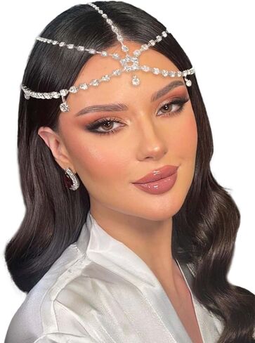حجر الراين رئيس سلسلة مجوهرات الفضة الزفاف قطع الرأس مجوهرات سباركلي زهرة قلادة الزفاف سلسلة خوذة مجوهرات حفلة موسيقية بوهو حزب رئيس قطعة للنساء الفتيات in Kuwait