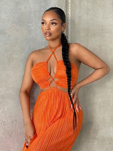 COZYEASE Women's Crisscross Tie Backless Halter Dress Sleeveless High Waist Long Length Summer Dress in Saudi Arabia