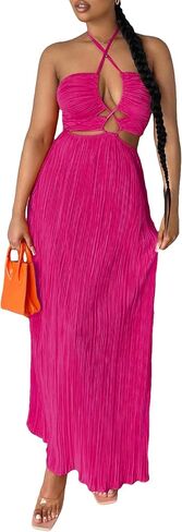 COZYEASE Women's Crisscross Tie Backless Halter Dress Sleeveless High Waist Long Length Summer Dress in Saudi Arabia
