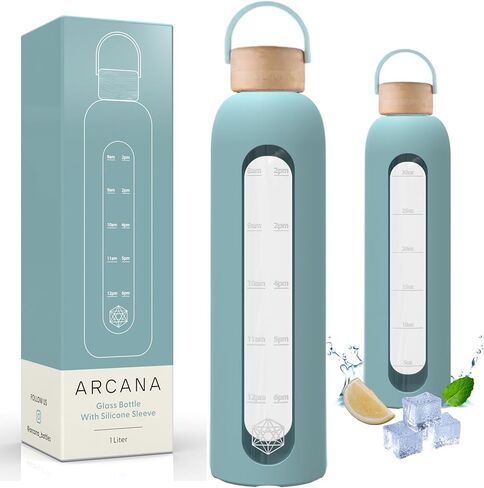 Glass Water Bottle With Time Marker - Borosilicate Reusable Waterbottle With Silicone Sleeve - For travel, Gym, Hiking - Gift For Women and Girls - Motivational Water Bottles (Dusty Rose Pink, 32 OZ) in Saudi Arabia