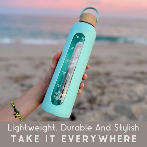 Glass Water Bottle With Time Marker - Borosilicate Reusable Waterbottle With Silicone Sleeve - For travel, Gym, Hiking - Gift For Women and Girls - Motivational Water Bottles (Dusty Rose Pink, 32 OZ) in Saudi Arabia
