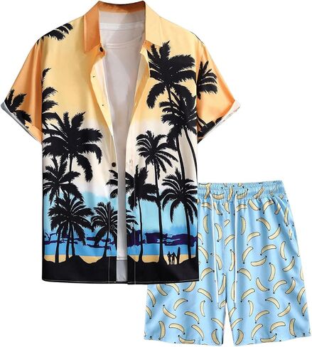 WDIRARA Men's 2 Piece Tropical Vacation Outfits Short Sleeve Button Down Shirt and Drawstring Shorts Set in Saudi Arabia