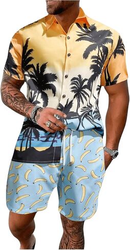 WDIRARA Men's 2 Piece Tropical Vacation Outfits Short Sleeve Button Down Shirt and Drawstring Shorts Set in Saudi Arabia