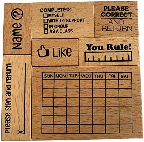 Wood Stamp Set for Teachers - SPED, General Education, Homework, Grading, and More! Calendar and Other Useful Stamps (7 Piece) - Classroom - School -Students in Saudi Arabia