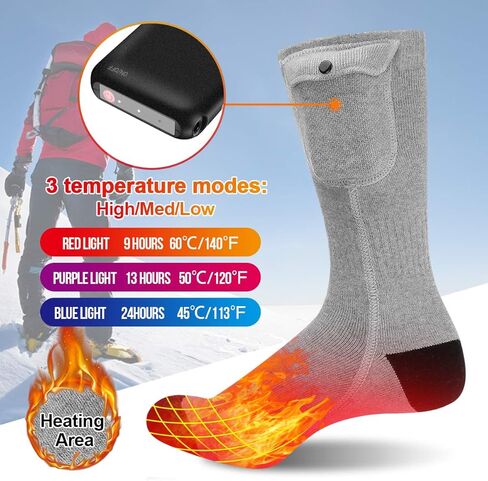 جوارب MECODIRECT ساخنة، جوارب شتوية للرجال والنساء 3.7 فولت 4000 مللي أمبير تعمل بالبطارية، 3 إعدادات تسخين قابلة لإعادة الشحن، جوارب شتوية دافئة للتزلج والتخييم والجري وصيد الأسماك، مقاس L in Kuwait