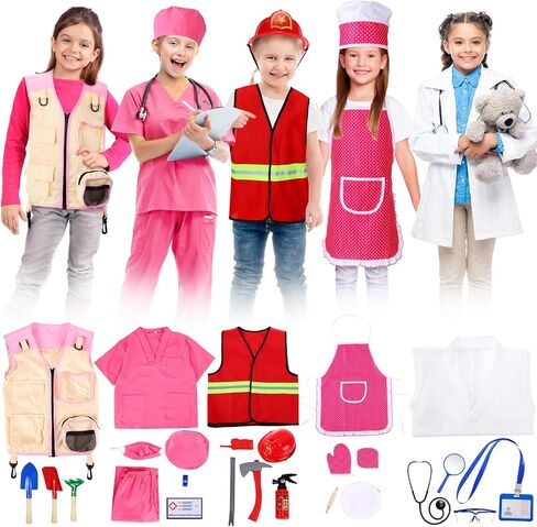 5 Sets Kids Dress up Clothes Doctor Kids Explorer Costume Lab Coat Chef Outfit Fireman Costume with Accessories Set Toddler Children Cosplay in Saudi Arabia