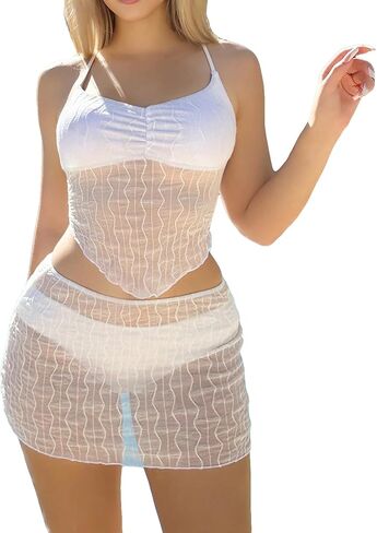 OYOANGLE Women's 3 Piece Swimsuit Sleeveless Crisscross Tie Backless Sheer Mesh Tankini Set with Beach Skirt in Saudi Arabia