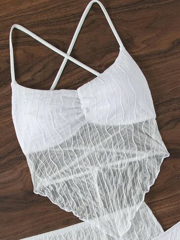 OYOANGLE Women's 3 Piece Swimsuit Sleeveless Crisscross Tie Backless Sheer Mesh Tankini Set with Beach Skirt in Saudi Arabia