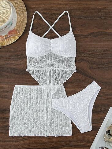 OYOANGLE Women's 3 Piece Swimsuit Sleeveless Crisscross Tie Backless Sheer Mesh Tankini Set with Beach Skirt in Saudi Arabia