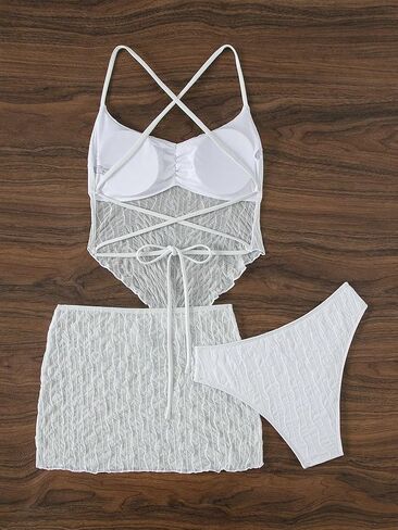 OYOANGLE Women's 3 Piece Swimsuit Sleeveless Crisscross Tie Backless Sheer Mesh Tankini Set with Beach Skirt in Saudi Arabia