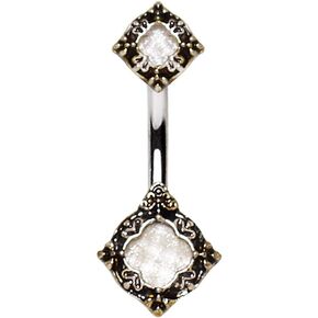 Antique Gold Plated Ornate Filigree Metallic White Gem Center Belly Button Navel Ring