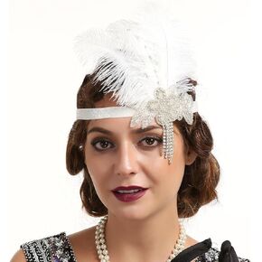 1920s Flapper Headpiece White Feather Headband Vintage Great Gatsby Headdress Art Deco Roaring 20s Headpiece for Women