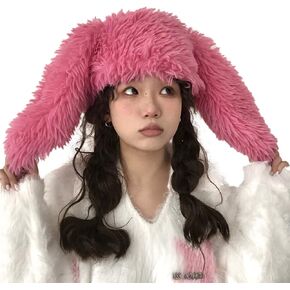 Topwon Bunny Ears Hat Plush Faux Fur Fluffy Rabbit Cap Dress Up Costume Headgear Winter Beanie (Pink)