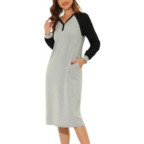 Womens Lounge Dress Sleepshirt Pajama with Pockets Henley Long Sleeves Christmas Nightgowns