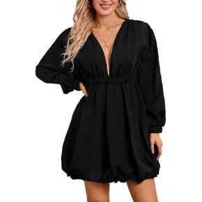 WDIRARA Women's Deep V Neck Bishop Sleeve High Rise Flare Dress Elastic Waist Mini Dress