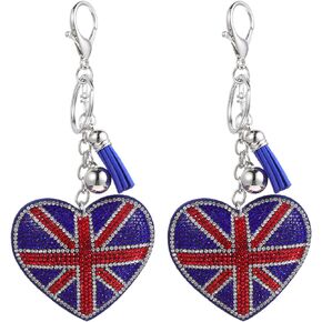 Cabilock 2Pcs Rhinestone Union Jack Keychain Heart UK Flag Keychain British Flag Keyring Purse Handbag Charm Souvenir Queen Elizabeth II Platinum Jubilee 2022 Party Favor Souvenir