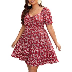 Floerns Women's Plus Size Ditsy Floral Tie Front Sweetheart Neck Boho A Line Dress