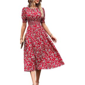 MakeMeChic Women's Boho Floral Summer Dress Round Neck Puff Short Sleeve High Waisted Swing A Line Midi Dress