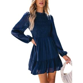 CUPSHE Women's Mini Dress Mock Neck Smocked Long Bishop Sleeves Tiered Ruffled Hem Woven A Line Short Cocktail Dresses