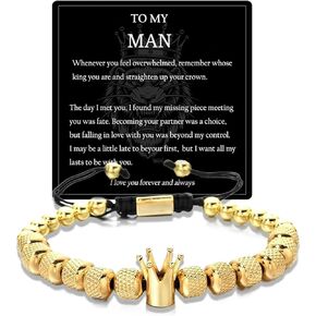To My Man Bracelet for Man Straighten Your King Crown Bracelet Braided Rope Beads Bracelet Adjustable Stainless steel Lion Wolf Bear Crown Bracelets Anniversary Birthday Christmas Jewelry Gift With Box