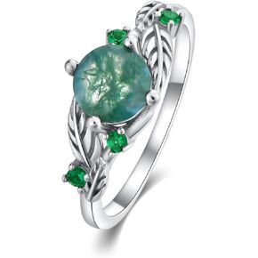 LELOUCHY Natural Moss Agate Engagement Ring for Women 925 Sterling silver 1CT Round Moss Agate Vintage Unique Bridal Wedding Ring Anniversary Promise Rings for Her