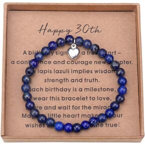 30th Birthday Gifts for Women Turning 30 - Lapis lazuli Bead Bracelet with Sterling Silver Heart Charm with Card and Gift Box