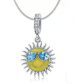 Sun & Blue Eyeglasses Pendant 925 Sterling Silver Beads for Fashion Charms Bracelet & Necklace