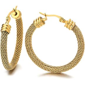 Pair Stainless Steel Wire Mesh Circle Huggie Hinged Hoop Earrings for Women Gold Color