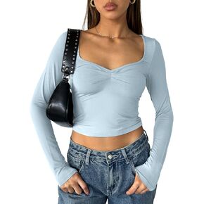 Women Long Sleeve Crop Top Neckline Shirt Trendy Ribbed Sexy Fall Basic Workout Slim Fitted Fashion Sweetheart
