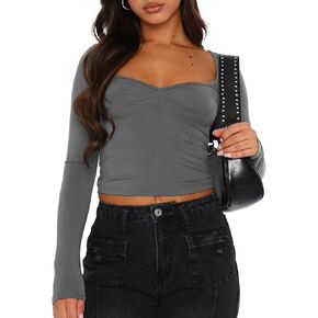 Women Long Sleeve Crop Top Neckline Shirt Trendy Ribbed Sexy Fall Basic Workout Slim Fitted Fashion Sweetheart